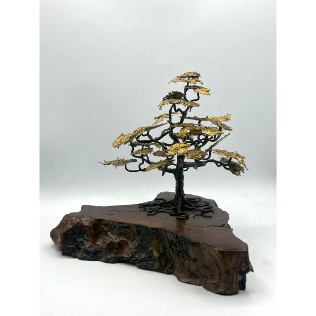 Bronze Mid-Century Brutalist Gilt Bronze Bonsai Tree Sculpture on Burl Wood Basee For Sale - Image 8 of 18