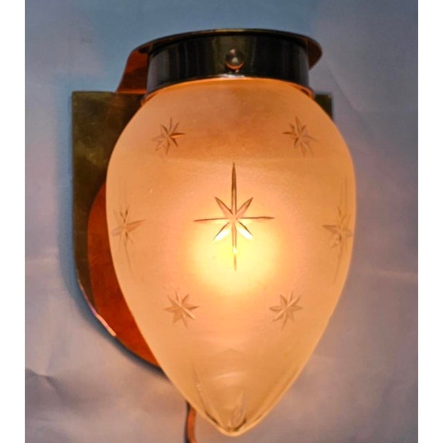 Art Deco Pair of Vintage Art Deco Wall Sconces Fixture Brass & Star Glass Shade Lamp Ship Light For Sale - Image 3 of 7