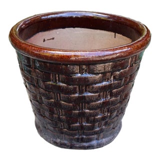 Large Vintage Basketweave Flower Pot Planter Brown Glazed Terracotta For Sale