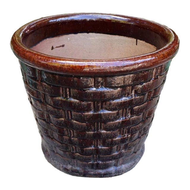 Large Vintage Basketweave Flower Pot Planter Brown Glazed Terracotta For Sale