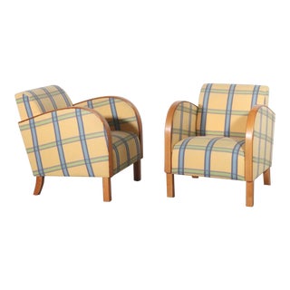 1940s Art Deco Swedish Yellow Blue Gingham Club Chairs - A Pair For Sale