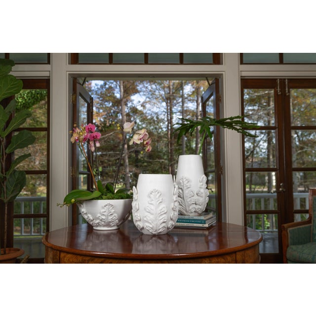 Italian Greco Short Vase, White Leaves For Sale - Image 3 of 3
