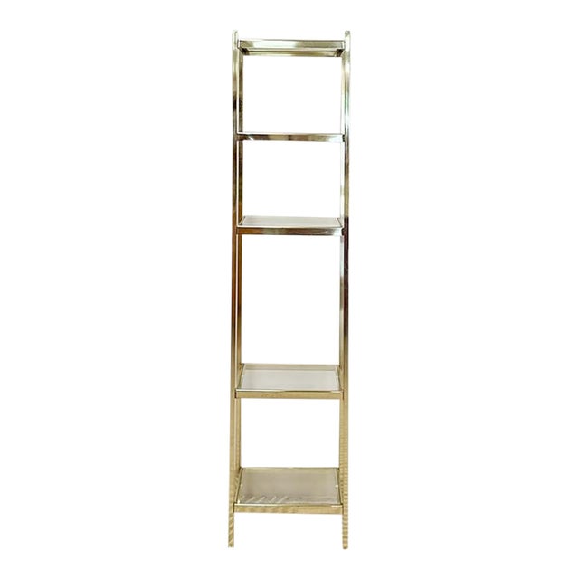 Brass Glass 5-Tier Shelf Vintage Hollywood Regency MCM Chrome 59" Tall For Sale