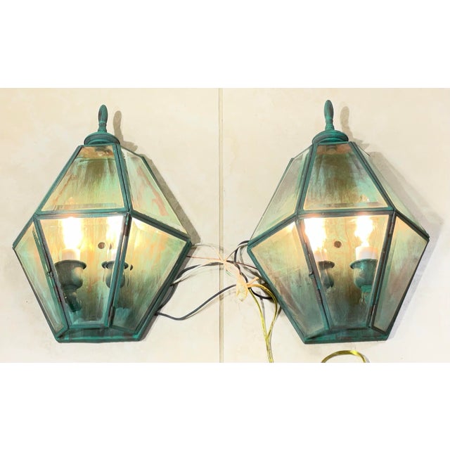 Pair of Vintage Solid Brass Verdigris Hexagonal Wall Sconces For Sale - Image 4 of 16