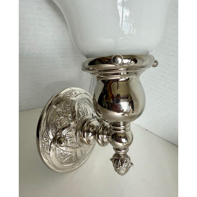 Chrome Late 20th Century Pair of Art Deco–Inspired Chrome & Opal (Milk) Glass Bathroom Wall Sconces For Sale - Image 8 of 12
