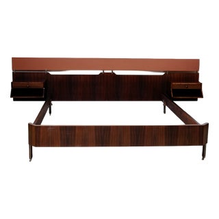 Mid-Century Double Bed with Suspended Bedside Tables in Wood and Fabric, 1950s For Sale