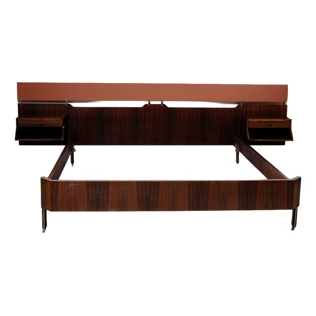 Mid-Century Double Bed with Suspended Bedside Tables in Wood and Fabric, 1950s For Sale