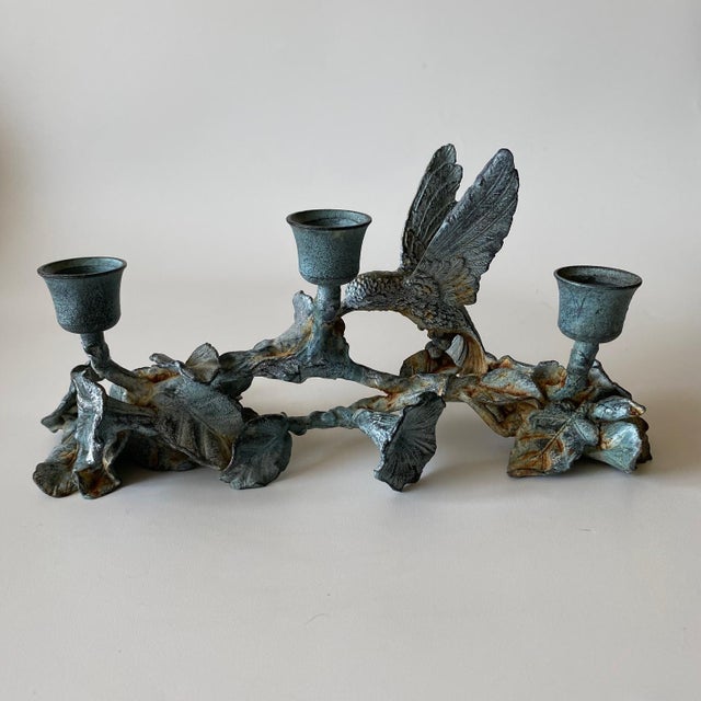 2010s Vintage Spi Triple Candelabra: Pewter, Verde-Patina, Morning Glory Hummingbird For Sale - Image 5 of 18