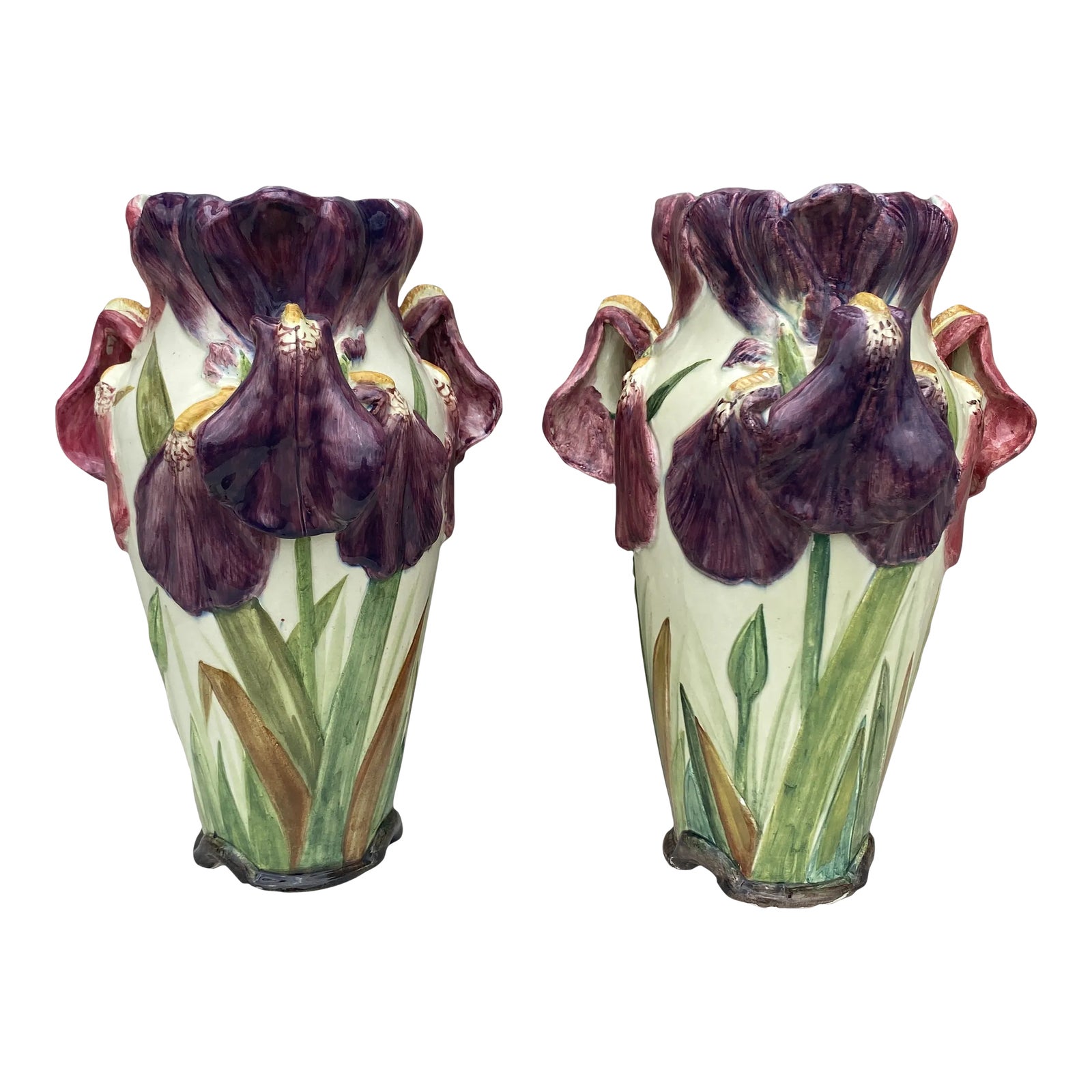 Pair of French Majolica Iris Vase Delphin Massier, Circa 1880 | Chairish