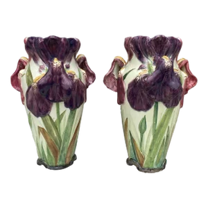Pair of French Majolica Iris Vase Delphin Massier, Circa 1880