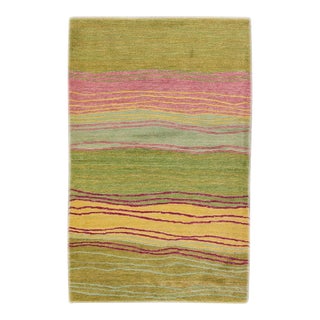 Vintage Tibetan Handmade Abstract Green Scatter Wool Rug For Sale