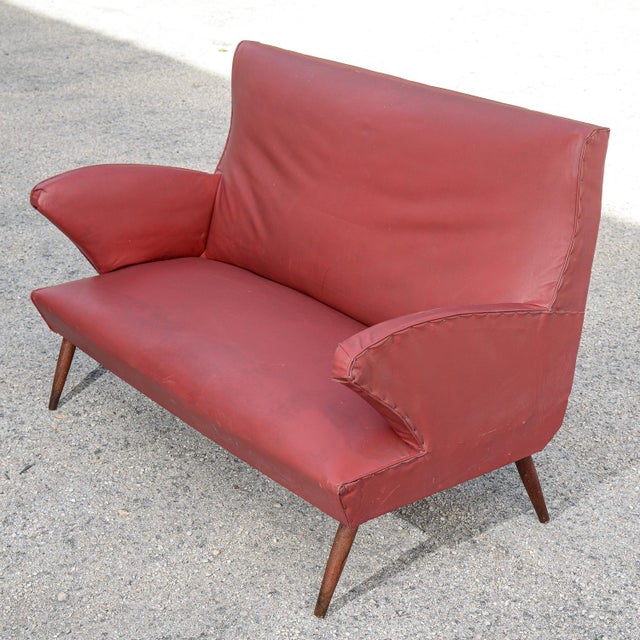 Red Faux Leather Sofa with Flared Wooden Feet, 1950s For Sale - Image 4 of 8