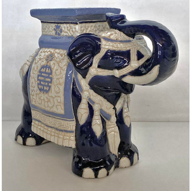 Iconic 1970’s Glamour Mid Century Majolica Blue & White Ceramic Elephant Garden Stool Use in any Space as a Sculptural...
