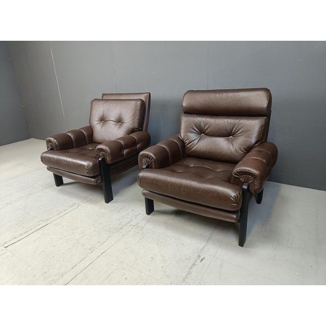 Wood Leather Armchairs, Denmark, 1960s, Set of 2 For Sale - Image 7 of 16