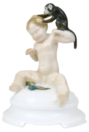 Porcelain Putto and Monkey Figurine attributed to Ferdinand Liebermann for Rosenthal, 1910