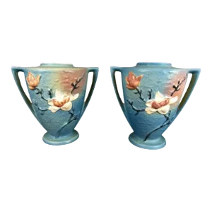 Pair of 1940's Roseville Pottery Blue Magnolia Amphora Double Handled Vase