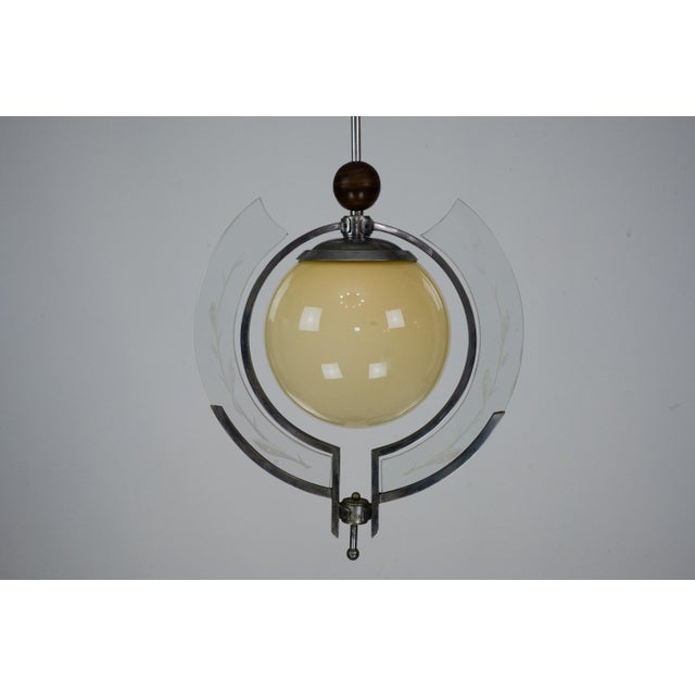 Art Deco Italian Pendant Light with Etched Glass and Amber Globe, 1930s For Sale - Image 9 of 17