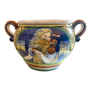 25" W X 15" Tall Mid 20th Century Italian Hand Painted Faïence Majolica Two-Handled Pot For Sale