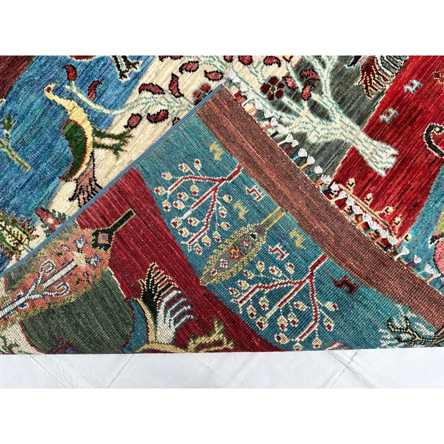 Multicolor Afghan Pictorial Bird & Tree Hand-Knotted Wool Rug - 9'7" X 6'9" For Sale - Image 10 of 15