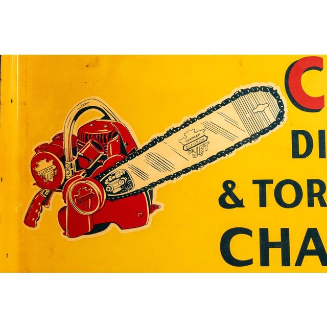 c. 1940s; Clinton Machine Co. - Maquoketa, IA Vintage flanged chainsaw advertising sign. This piece advertises chainsaws...