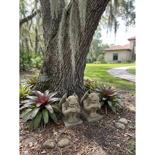 Stone Pair of Vintage Cast Stone Winged Gargoyle Statues For Sale - Image 7 of 11