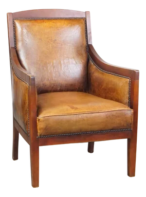 Art Deco Slender Leather and Wooden Armchair in Warm Cognac Color