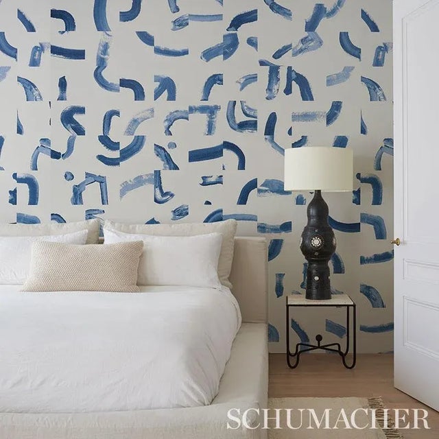 Mid-Century Modern Sample - Schumacher X Caroline Z Hurley Sepiessa Panel Wallpaper Mural in Blue For Sale - Image 3 of 3