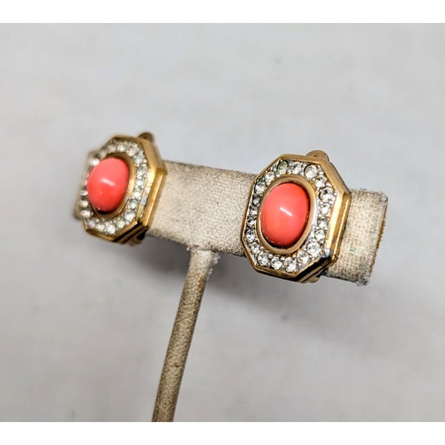 1960s Vintage 1960s Signed Panetta Goldtone Cabochon Faux-Coral & Clear Rhinestone Clip Earrings-2 Pieces For Sale - Image 5 of 9