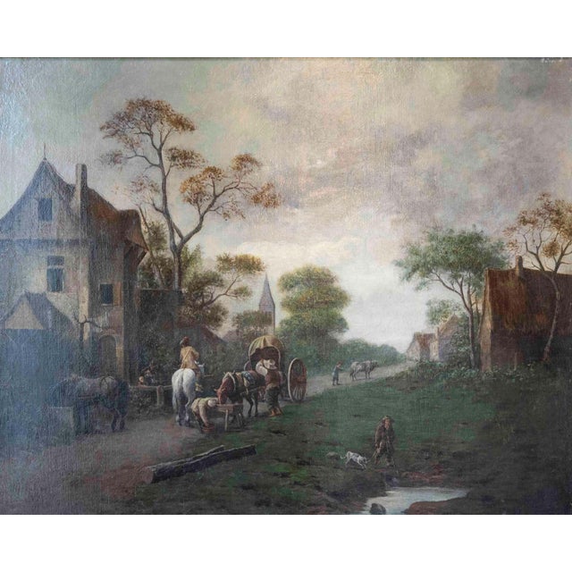 Gray Flemish 18th Century Oil on Canvas, Suburban Street with Wayfarers For Sale - Image 8 of 12