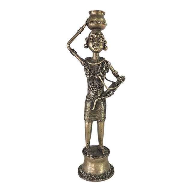 Vintage Dhokra Brass Woman and Child Figurine, Lost-Wax Tribal Sculpture, 15" For Sale