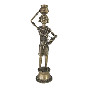 Vintage Dhokra Brass Woman and Child Figurine, Lost-Wax Tribal Sculpture, 15"