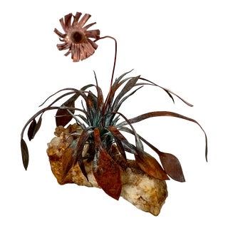 Mid Century Brutalist Metal Wild Flower Sculpture on Stone Quartz Rock Base For Sale