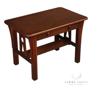 Antique Mission Oak Arts & Crafts Writing Desk With Drawer And Cutout Sides For Sale