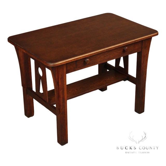 Antique Mission Oak Arts & Crafts Writing Desk With Drawer And Cutout Sides For Sale