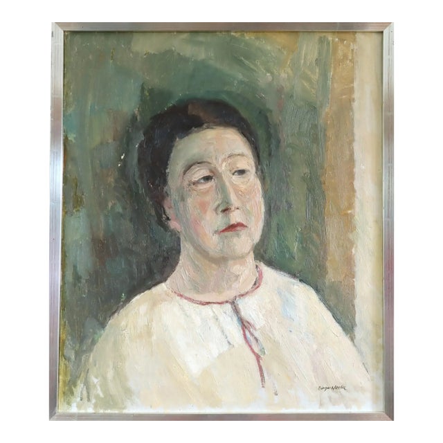 Mid-Century Modern 'Agnes' Vintage Original Swedish Expressive Figurative Portrait Oil Painting, Framed For Sale