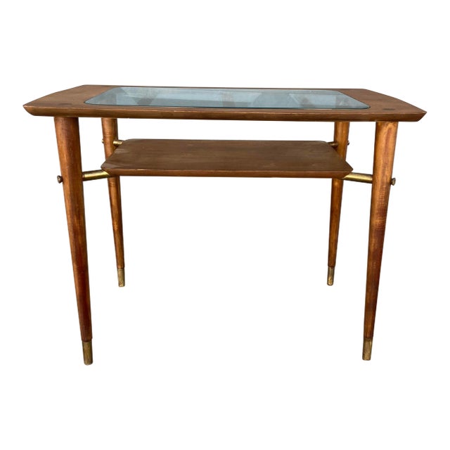 Vintage Walnut Side Table with Inset Glass Top + Brass Finials For Sale