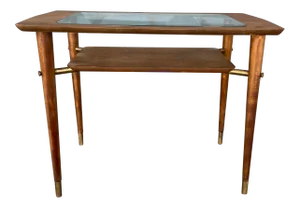 Vintage Walnut Side Table with Inset Glass Top + Brass Finials