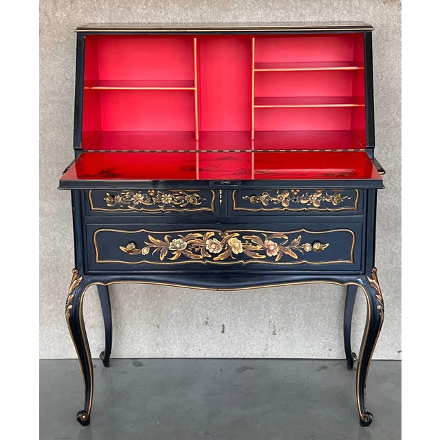 Chippendale Chippendale Style Slant Top Desk in Black Lacquered Wood, circa 1900 For Sale - Image 3 of 18