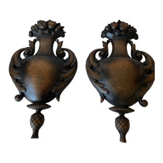 Pair of Monumental Neoclassical Carved Wood Urn Wall Plaques, 19th Century For Sale