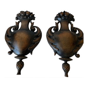 Pair of Monumental Neoclassical Carved Wood Urn Wall Plaques, 19th Century