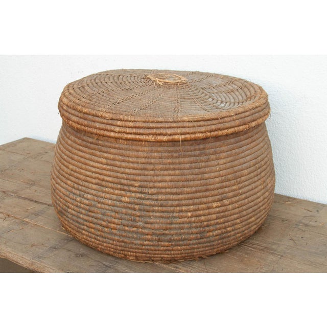 Earth Tone Antique Storage Basket With Lid For Sale - Image 4 of 9