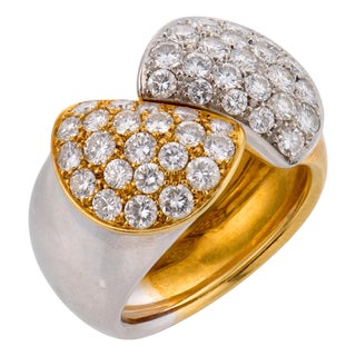 Mid Century 1.60 Carat Diamond 18k Yellow and White Gold Bypass Ring, Size 6.5 For Sale