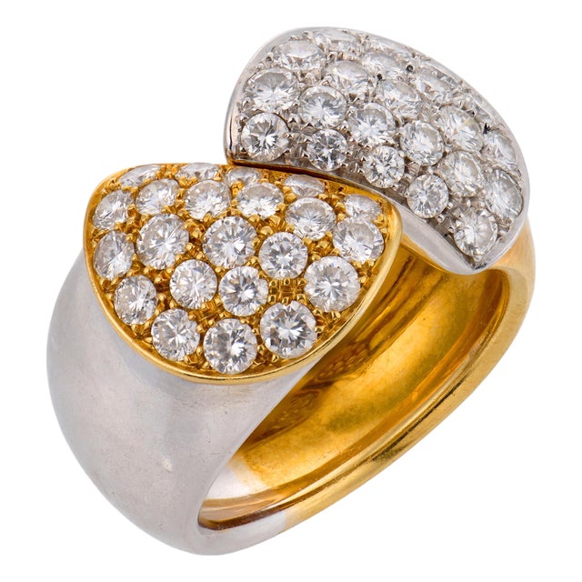 Mid Century 1.60 Carat Diamond 18k Yellow and White Gold Bypass Ring, Size 6.5 For Sale