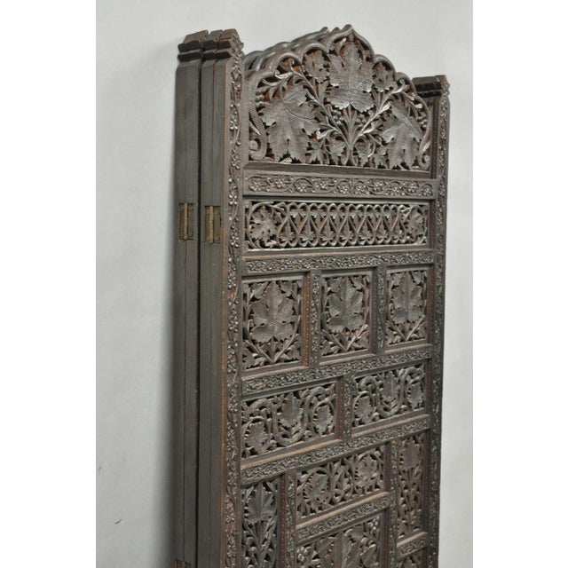 Vintage Anglo Indian Carved Teak Wood 4 Panel Room Divider Folding Screen For Sale - Image 14 of 15