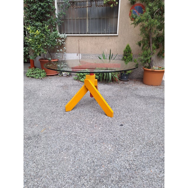 Red Vidun Dining Table with Round Glass Top and Red and Yellow Beech Legs by Vico Magistretti for De Padova, 1980s For Sale - Image 8 of 12