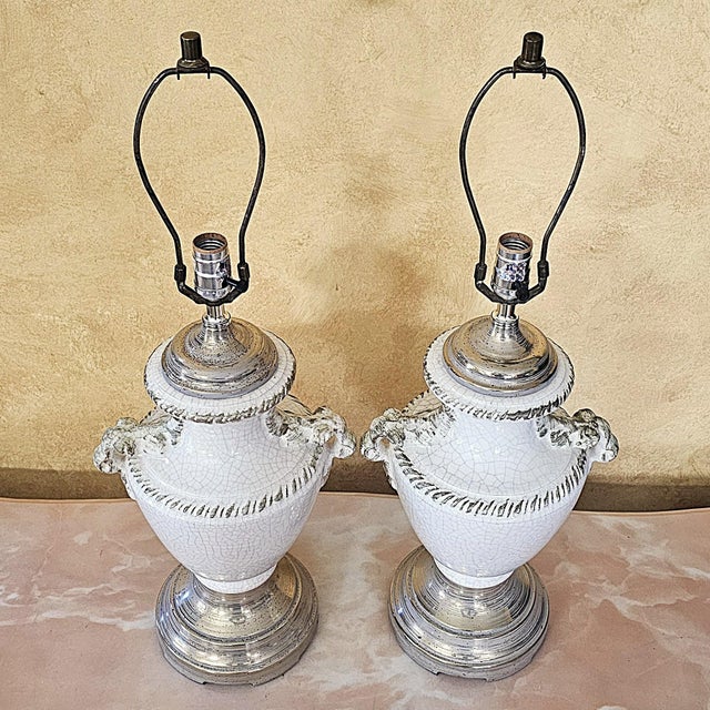 Late 20th Century Vintage Pair of Neoclassical Trophy Urn Table Lamps in White Crackle Glaze – Made in Usa For Sale - Image 5 of 18