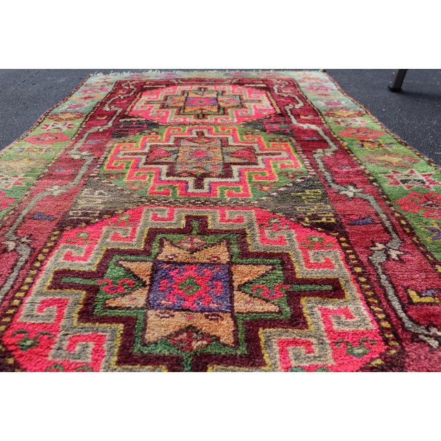 Textile Vintage Caucasian Kazak Rug With Triple Medallions in Pink and Green 3'10 X 7'0 For Sale - Image 7 of 12