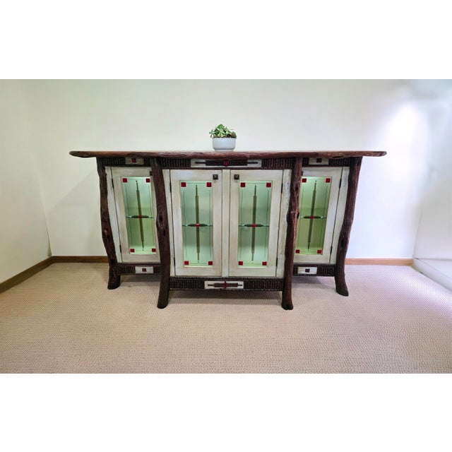 Rustic Diane Ross Signed Rustic Breakfront Credenza-Reclaimed Oak & Fused Glass Art For Sale - Image 3 of 18