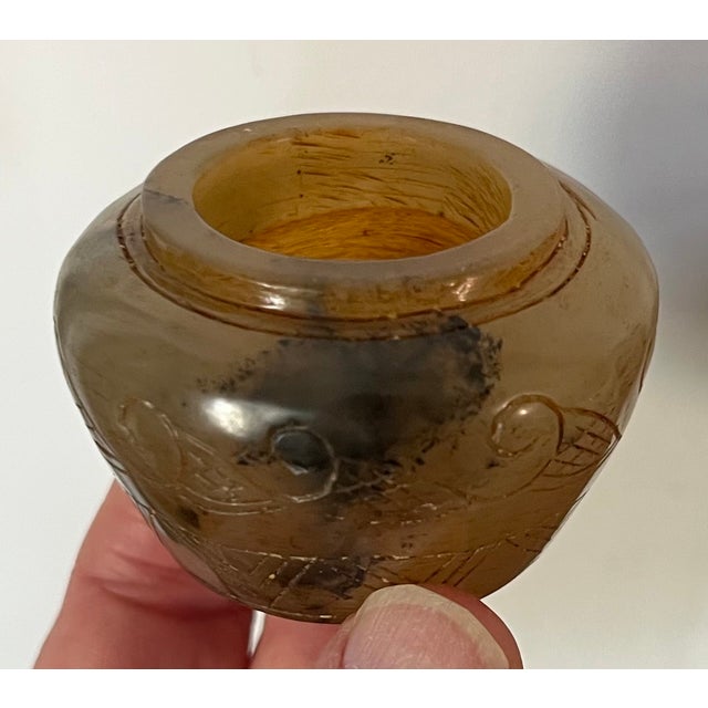 Chinoiserie Antique 19th Century Chinese Carved Mottled Brown Jade Scholar's Desk Object - Small Vase or Pot For Sale - Image 3 of 17