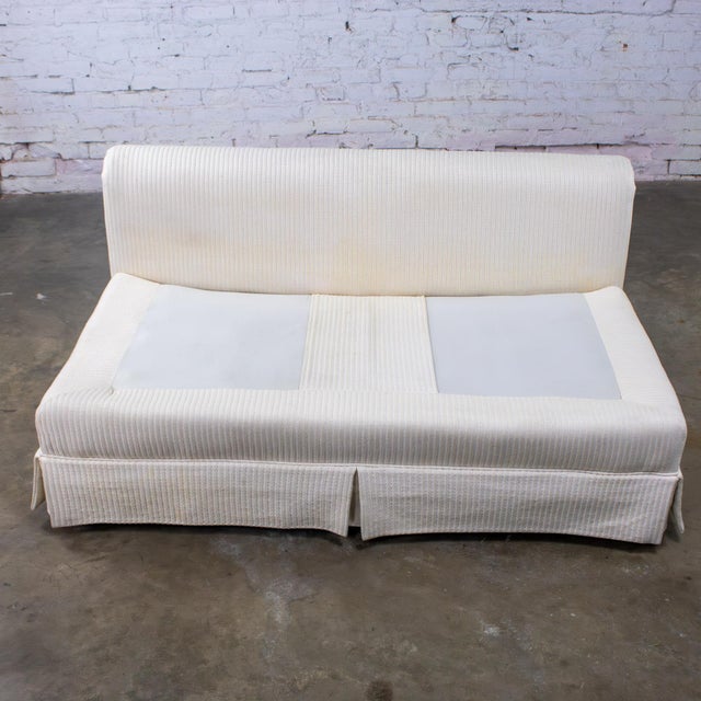 Late 20th Century MCM to Modern Slipper Style Loveseat or Armless Sofa Off White Textured Stripe Upholstery For Sale - Image 13 of 18